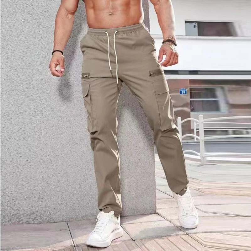 Pantaloni de jogging pentru bărbați, de primăvară, de culoare uni, Pantaloni cargo subțiri cu șnur, îmbrăcăminte de stradă pentru bărbați, pantaloni de design casual, noi cu buzunare plasate