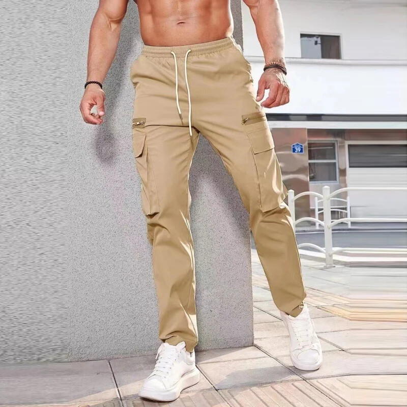 Pantaloni de jogging pentru bărbați, de primăvară, de culoare uni, Pantaloni cargo subțiri cu șnur, îmbrăcăminte de stradă pentru bărbați, pantaloni de design casual, noi cu buzunare plasate
