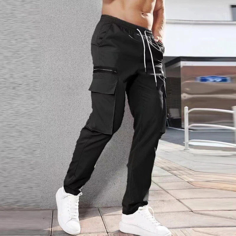 Pantaloni de jogging pentru bărbați, de primăvară, de culoare uni, Pantaloni cargo subțiri cu șnur, îmbrăcăminte de stradă pentru bărbați, pantaloni de design casual, noi cu buzunare plasate