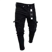 Slim Biker Bărbați Pantaloni lungi de denim rupti Buzunar pentru blugi skinny Pantaloni de jogging pentru tânăr Pantaloni negri elastici distruși