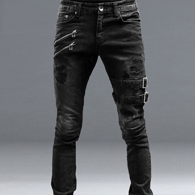 Slim Biker Bărbați Pantaloni lungi de denim rupti Buzunar pentru blugi skinny Pantaloni de jogging pentru tânăr Pantaloni negri elastici distruși