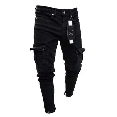 Slim Biker Bărbați Pantaloni lungi de denim rupti Buzunar pentru blugi skinny Pantaloni de jogging pentru tânăr Pantaloni negri elastici distruși