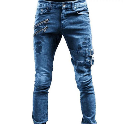 Slim Biker Bărbați Pantaloni lungi de denim rupti Buzunar pentru blugi skinny Pantaloni de jogging pentru tânăr Pantaloni negri elastici distruși