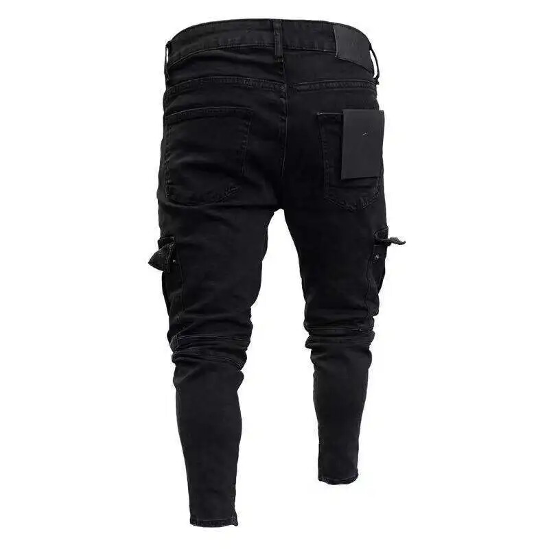 Slim Biker Bărbați Pantaloni lungi de denim rupti Buzunar pentru blugi skinny Pantaloni de jogging pentru tânăr Pantaloni negri elastici distruși