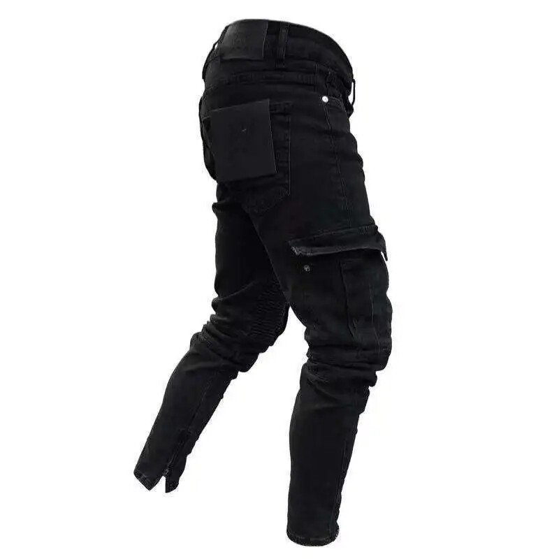 Slim Biker Bărbați Pantaloni lungi de denim rupti Buzunar pentru blugi skinny Pantaloni de jogging pentru tânăr Pantaloni negri elastici distruși