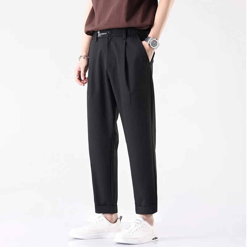 Pantaloni până la gleznă Pantaloni de afaceri slim, drept, costum negru coreean, primăvară și vară, pantaloni bărbați, îmbrăcăminte de lux cu bani vechi
