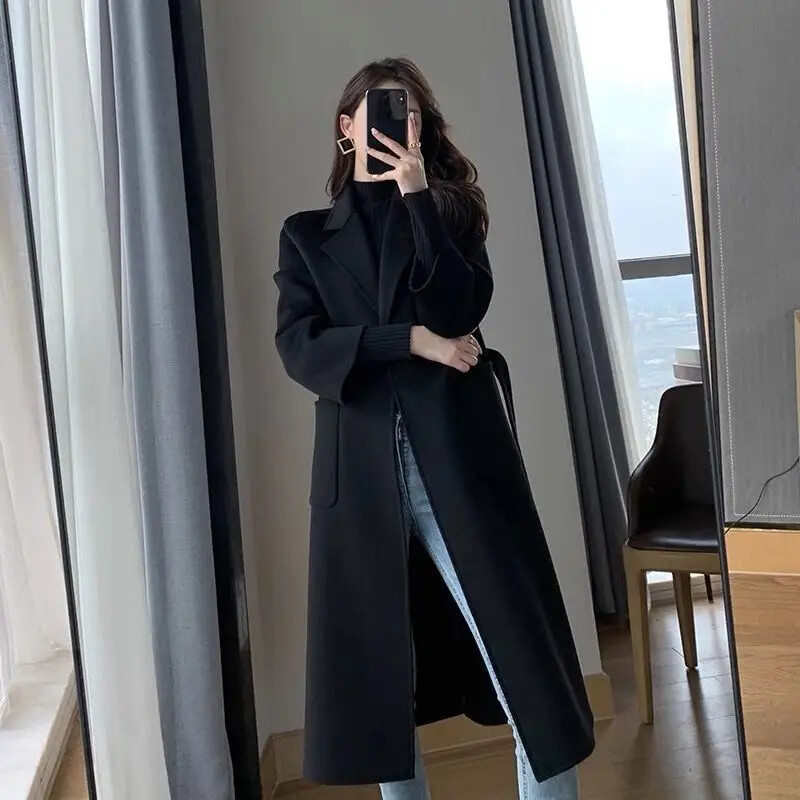 Klasiska melna vilnas mētelis sieviešu eleganta daudzpusīga ziemas jaka Moderna rudens/ziemas sezona