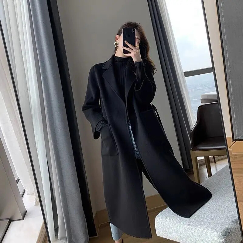 Klasiska melna vilnas mētelis sieviešu eleganta daudzpusīga ziemas jaka Moderna rudens/ziemas sezona