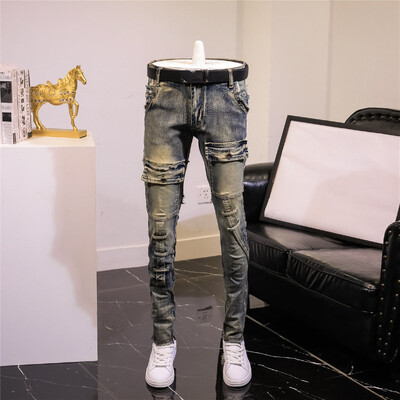 Ρετρό ραφές Stretch τζιν τζιν 2022 Φθινόπωρο Χειμώνας Ανδρική μοτοσυκλέτα λεπτή, casual designer Μακρύ παντελόνι Fashion Cargo Παντελόνι