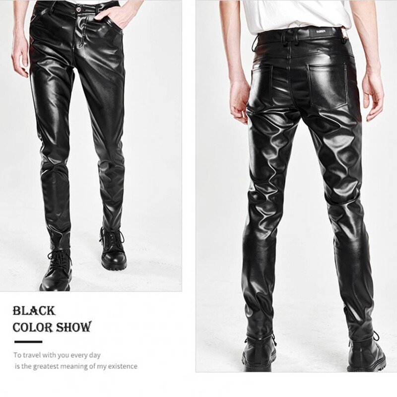 Férfi műbőr nadrág karcsú, rugalmas fényes derékközép lélegző zsebek bokáig érő utcai viselet Hip Hop Club ceruzanadrág