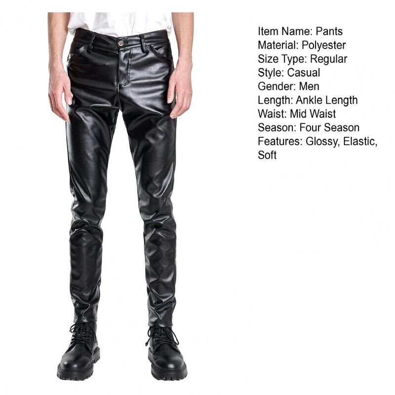 Férfi műbőr nadrág karcsú, rugalmas fényes derékközép lélegző zsebek bokáig érő utcai viselet Hip Hop Club ceruzanadrág