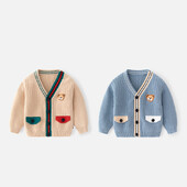 Ins Άνοιξη Φθινόπωρο Παιδιά Αγόρια Πλεκτά Πλεκτά Πιτ Ριγέ Βρεφικά Αγόρια Πουλόβερ Μπαλωμένα Αρκουδάκια Βαμβακερά κουμπιά με λαιμόκοψη V για νήπιο παλτό