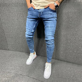 High Street Ripped Jeans Ανοιχτό μπλε Μοντέρνο Skinny Jeans Πλύσιμο Μασίφ τζιν παντελόνι Ανδρικό παντελόνι με μολύβι Casual Slim fit