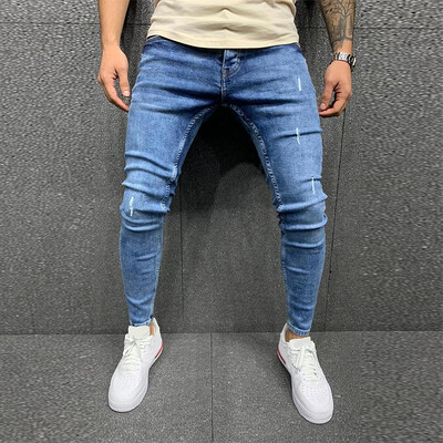 High Street Ripped Jeans Ανοιχτό μπλε Μοντέρνο Skinny Jeans Πλύσιμο Μασίφ τζιν παντελόνι Ανδρικό παντελόνι με μολύβι Casual Slim fit