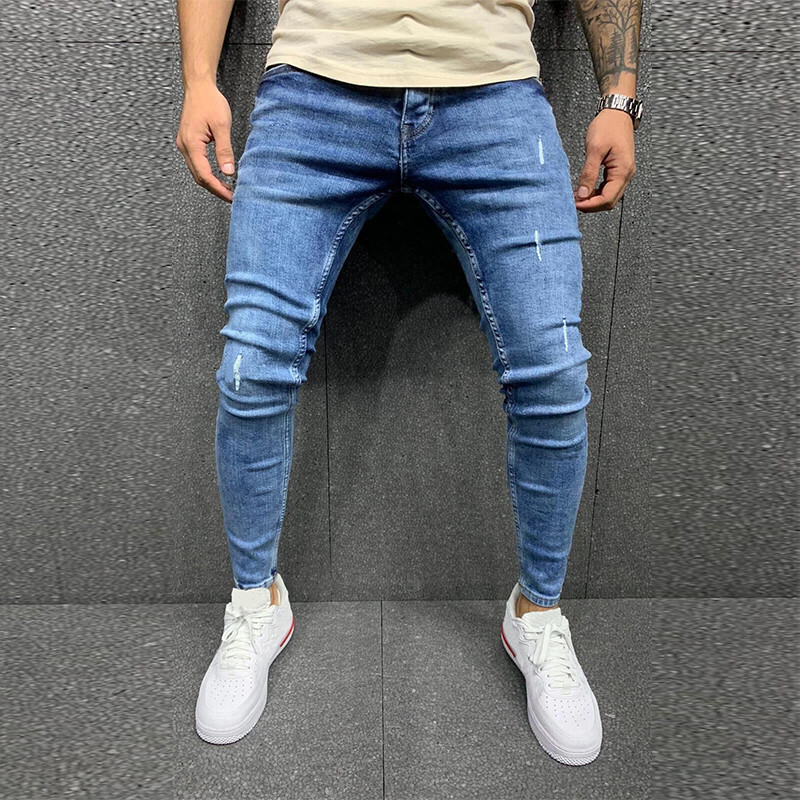 High Street Ripped Jeans Ανοιχτό μπλε Μοντέρνο Skinny Jeans Πλύσιμο Μασίφ τζιν παντελόνι Ανδρικό παντελόνι με μολύβι Casual Slim fit