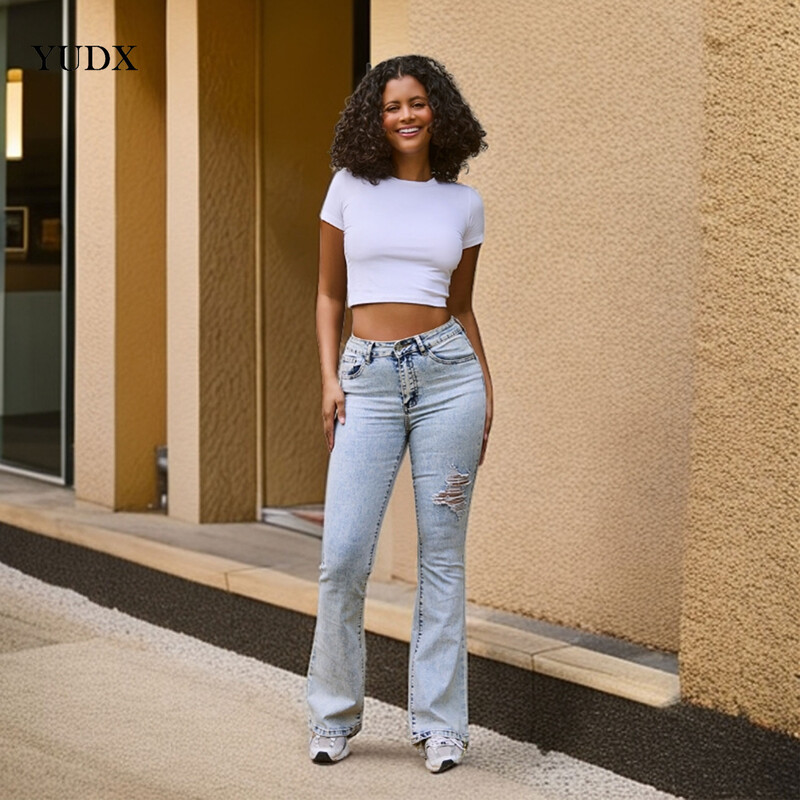 Design original, blugi de damă rupti retro, pantaloni din denim elastic din bumbac, talie normală, pantaloni evazați, pentru femei, livrare gratuită