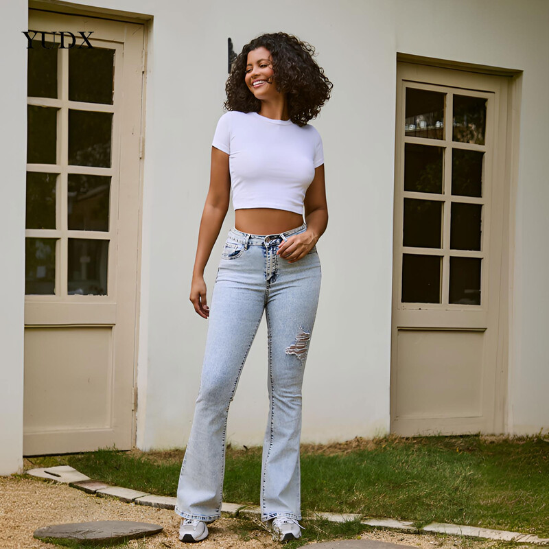 Design original, blugi de damă rupti retro, pantaloni din denim elastic din bumbac, talie normală, pantaloni evazați, pentru femei, livrare gratuită