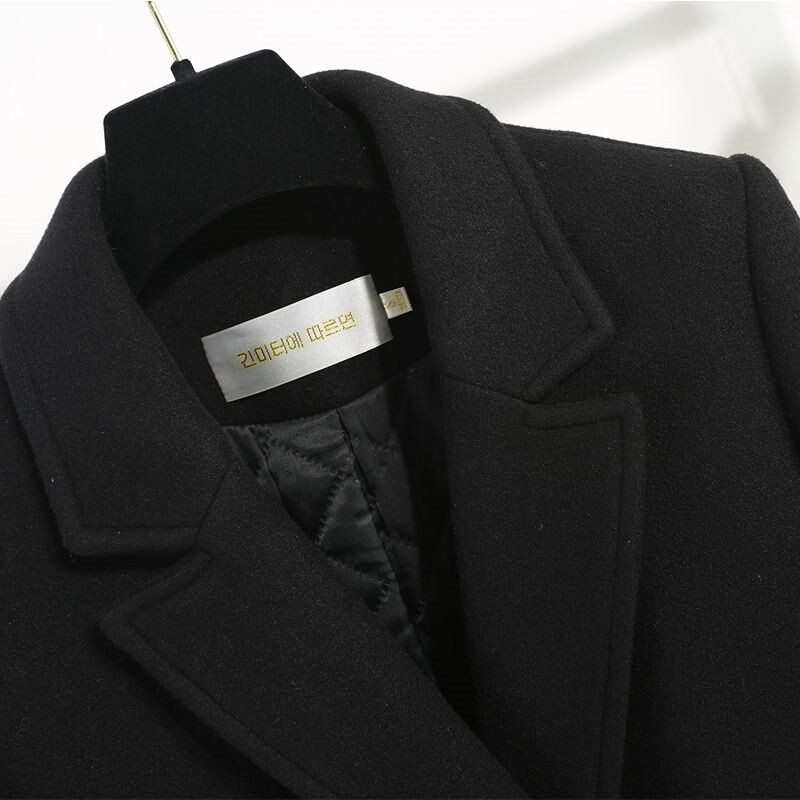 Klasisks melns vilnas mētelis sieviešu vidēja garuma rudens ziemas jaka 2023. gada jaunā korejiešu versija, bieza vilnas maisījuma virsjaka