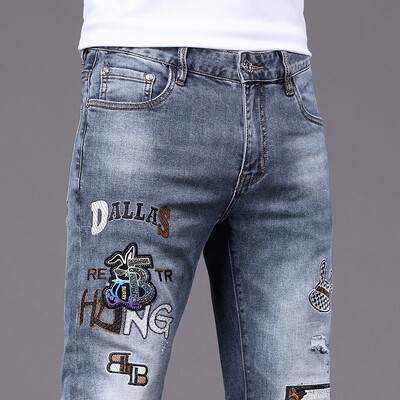 2024, primăvară, toamnă, blugi rupti, brodați de înaltă calitate, pentru bărbați, pantaloni slim și elastici, pantaloni casual de cowboy denim