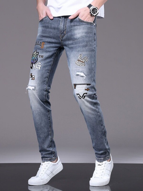 Ανοιξιάτικο φθινόπωρο 2024 Νέο υψηλού κεντημένο τζιν τζιν Ανδρικό μονό λεπτό στενό στενό παντελόνι Casual Cowboy τζιν παντελόνι