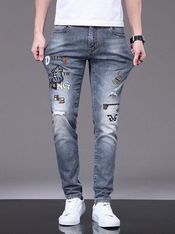 Ανοιξιάτικο φθινόπωρο 2024 Νέο υψηλού κεντημένο τζιν τζιν Ανδρικό μονό λεπτό στενό στενό παντελόνι Casual Cowboy τζιν παντελόνι