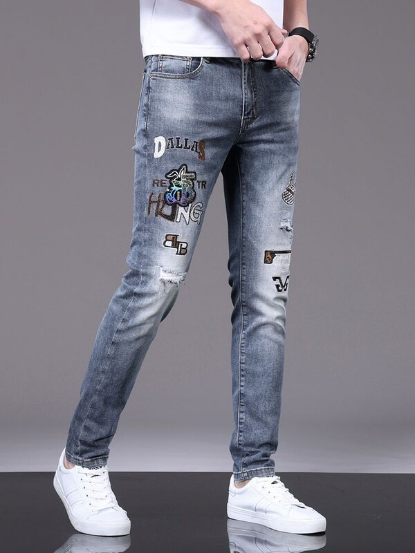 Ανοιξιάτικο φθινόπωρο 2024 Νέο υψηλού κεντημένο τζιν τζιν Ανδρικό μονό λεπτό στενό στενό παντελόνι Casual Cowboy τζιν παντελόνι