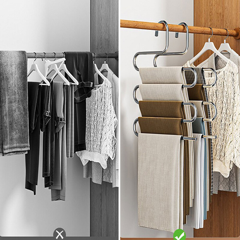 5 slāņu nerūsējošā tērauda drēbju pakaramais S-veida Daudzslāņu bikšu statīvs Garderobes skapis Uzglabāšana Mājas glabāšana Bikšu klipsis