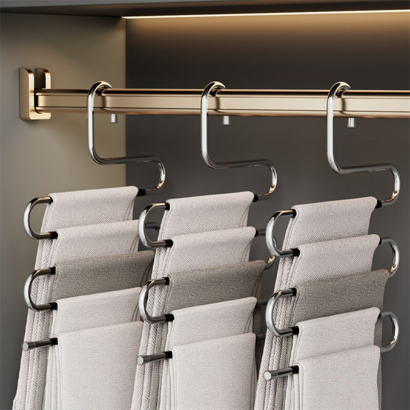 5 slāņu nerūsējošā tērauda drēbju pakaramais S-veida Daudzslāņu bikšu statīvs Garderobes skapis Uzglabāšana Mājas glabāšana Bikšu klipsis