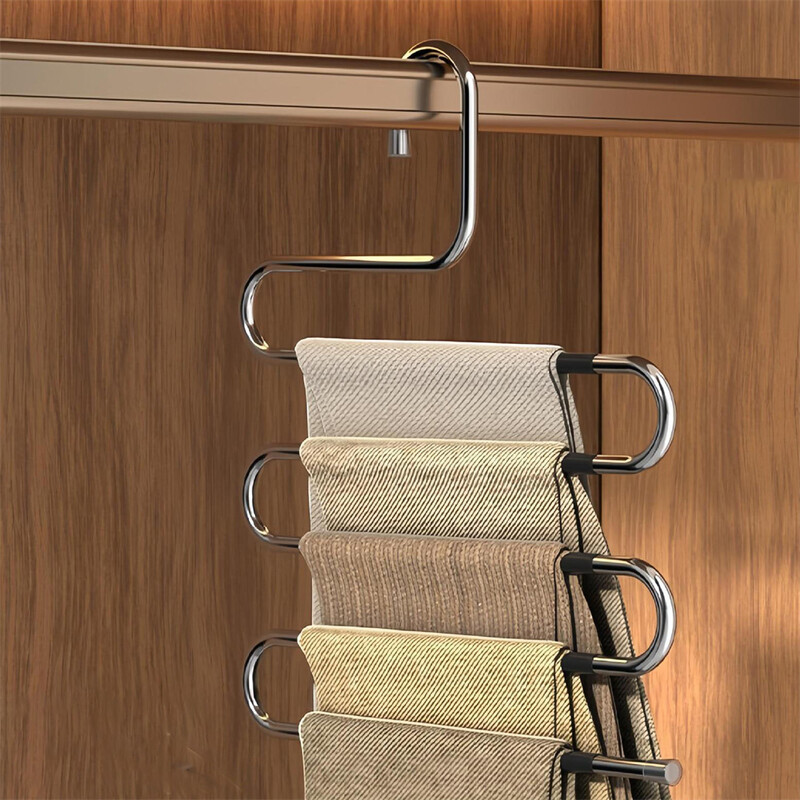 5 slāņu nerūsējošā tērauda drēbju pakaramais S-veida Daudzslāņu bikšu statīvs Garderobes skapis Uzglabāšana Mājas glabāšana Bikšu klipsis