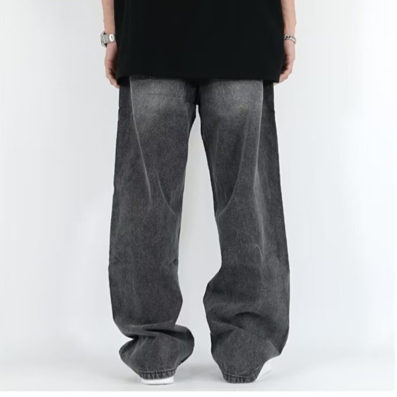 Νέα ανδρικά streetwear μαύρο γκρι φαρδύ τζιν με πλυμένα πόδια Κορέας μόδας ίσιο ελαστικό φαρδύ τζιν παντελόνι Cargo