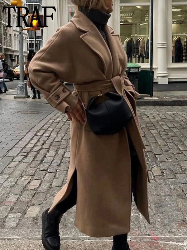 TRAF Μαύρο Παλτό Γυναικείο Χειμώνας 2023 Κομψό ψεύτικο δέρμα προβάτου μακρύ γυναικείο παλτό με ζώνη μακρυμάνικο γυναικεία μπουφάν Νέα σε εξωτερικά ρούχα