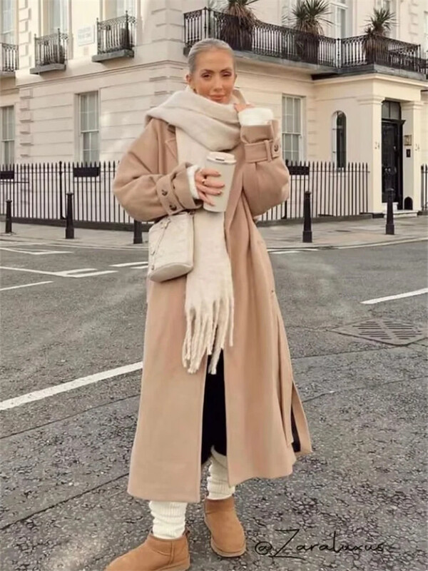 TRAF Μαύρο Παλτό Γυναικείο Χειμώνας 2023 Κομψό ψεύτικο δέρμα προβάτου μακρύ γυναικείο παλτό με ζώνη μακρυμάνικο γυναικεία μπουφάν Νέα σε εξωτερικά ρούχα