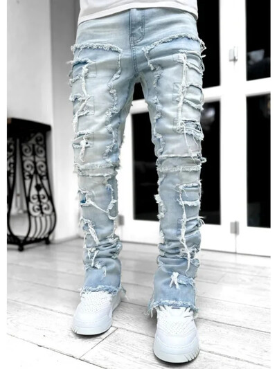 5 spalvų Fringe Raw Edge Skinny džinsai Vyriški elastiniai pleistrai sukrauti džinsiniai kelnės Madingi punk Streetwear asmenybės vyriškos kelnės