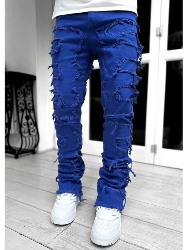 5 culori franjuri cu margine brută blugi skinny bărbați cu plasture elastice stivuite pantaloni denim de modă punk streetwear personalitate pantaloni masculini