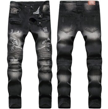 Модни улични мъжки байкерски дънки Homme Men Motorcycle Slim Fit Black Moto High Quality Denim Pants Joggers Slim Men Jeans