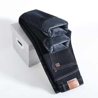 2024. gada ziemas flīsa bieza, silta vīriešu džinsi, tievi, izstiepti, taisni, klasiska džinsa plīša bikses vīriešu zīmola apģērbi