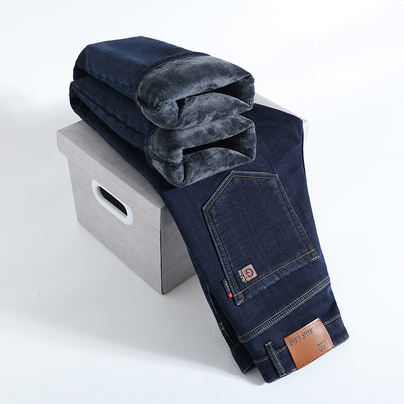 2024. gada ziemas flīsa bieza, silta vīriešu džinsi, tievi, izstiepti, taisni, klasiska džinsa plīša bikses vīriešu zīmola apģērbi