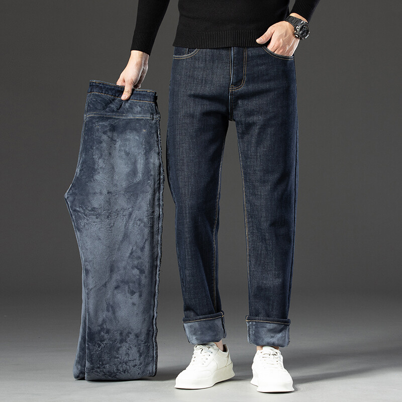 2024. gada ziemas flīsa bieza, silta vīriešu džinsi, tievi, izstiepti, taisni, klasiska džinsa plīša bikses vīriešu zīmola apģērbi