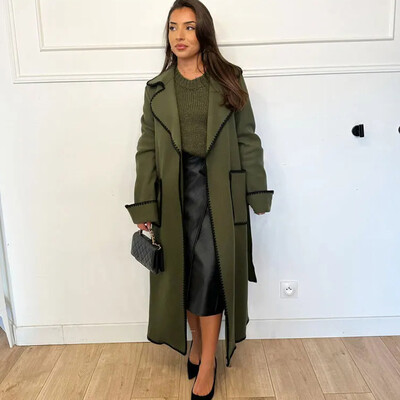 Palton vintage mozaic pentru femei toamna iarna paltoane elegante cu rever pentru dama cu curea 2023 la modă buzunar cu mânecă lungă îmbrăcăminte pentru femei