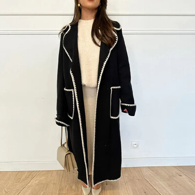 Palton vintage mozaic pentru femei toamna iarna paltoane elegante cu rever pentru dama cu curea 2023 la modă buzunar cu mânecă lungă îmbrăcăminte pentru femei