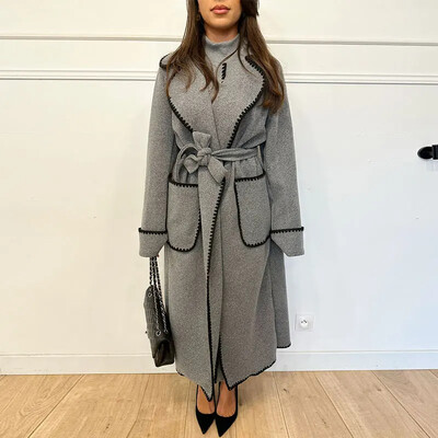 Palton vintage mozaic pentru femei toamna iarna paltoane elegante cu rever pentru dama cu curea 2023 la modă buzunar cu mânecă lungă îmbrăcăminte pentru femei