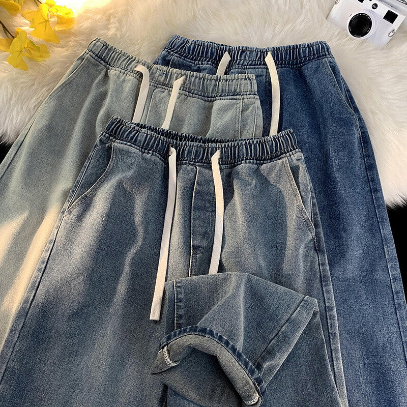 Φθινοπωρινό τζιν Ανδρικό φαρδύ ίσιο κορδόνι ελαστική μέση Προσωπικότητα μόδας Vintage τζιν παντελόνι Streetwear 3XL