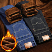 Υψηλής ποιότητας Ανδρικά Fleece Jeans Business Casual Straight Stretch Τζιν Παντελόνι Φθινόπωρο Χειμώνας Νέο Plus μέγεθος Χοντρό ζεστό παντελόνι