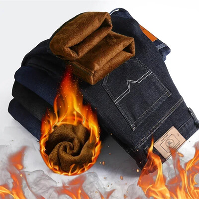 Υψηλής ποιότητας Ανδρικά Fleece Jeans Business Casual Straight Stretch Τζιν Παντελόνι Φθινόπωρο Χειμώνας Νέο Plus μέγεθος Χοντρό ζεστό παντελόνι