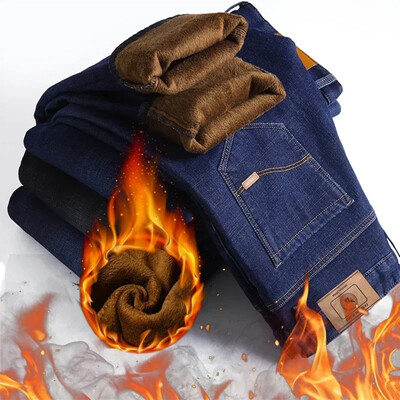 Υψηλής ποιότητας Ανδρικά Fleece Jeans Business Casual Straight Stretch Τζιν Παντελόνι Φθινόπωρο Χειμώνας Νέο Plus μέγεθος Χοντρό ζεστό παντελόνι