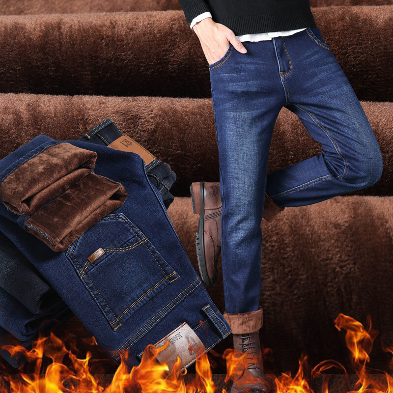 Υψηλής ποιότητας Ανδρικά Fleece Jeans Business Casual Straight Stretch Τζιν Παντελόνι Φθινόπωρο Χειμώνας Νέο Plus μέγεθος Χοντρό ζεστό παντελόνι