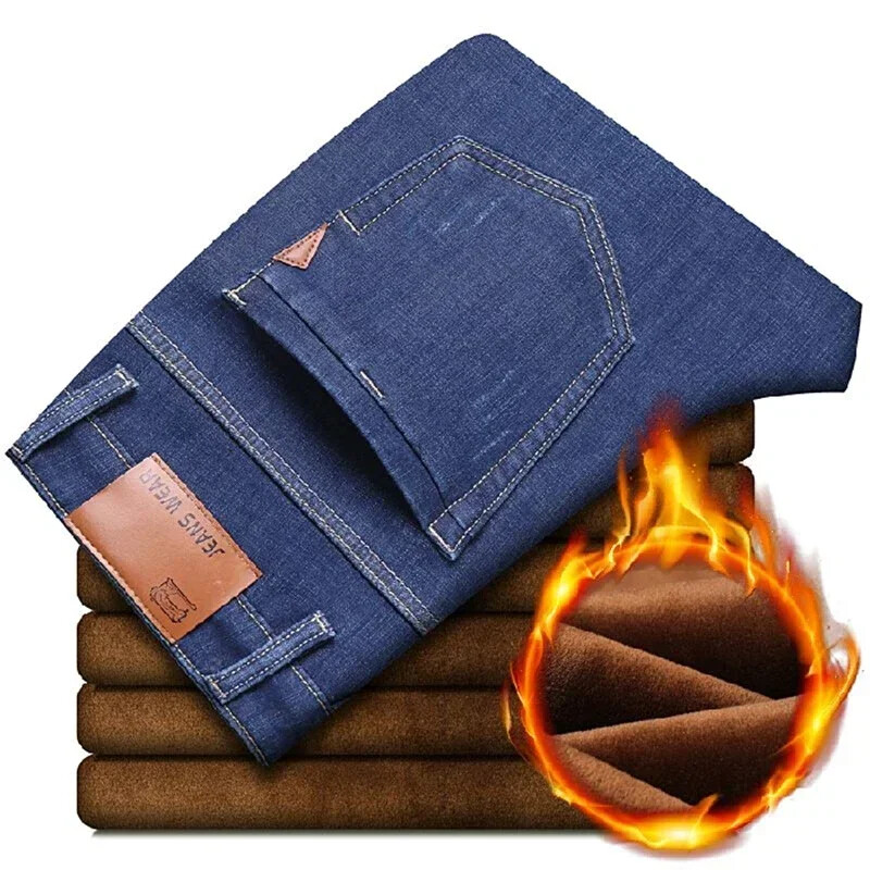 Υψηλής ποιότητας Ανδρικά Fleece Jeans Business Casual Straight Stretch Τζιν Παντελόνι Φθινόπωρο Χειμώνας Νέο Plus μέγεθος Χοντρό ζεστό παντελόνι