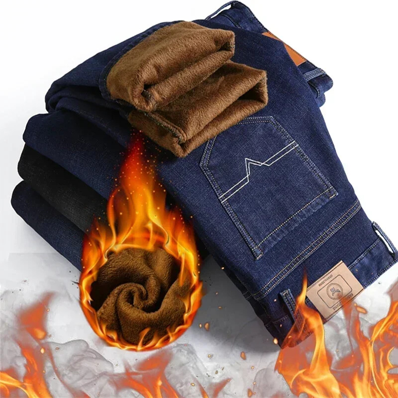 Υψηλής ποιότητας Ανδρικά Fleece Jeans Business Casual Straight Stretch Τζιν Παντελόνι Φθινόπωρο Χειμώνας Νέο Plus μέγεθος Χοντρό ζεστό παντελόνι