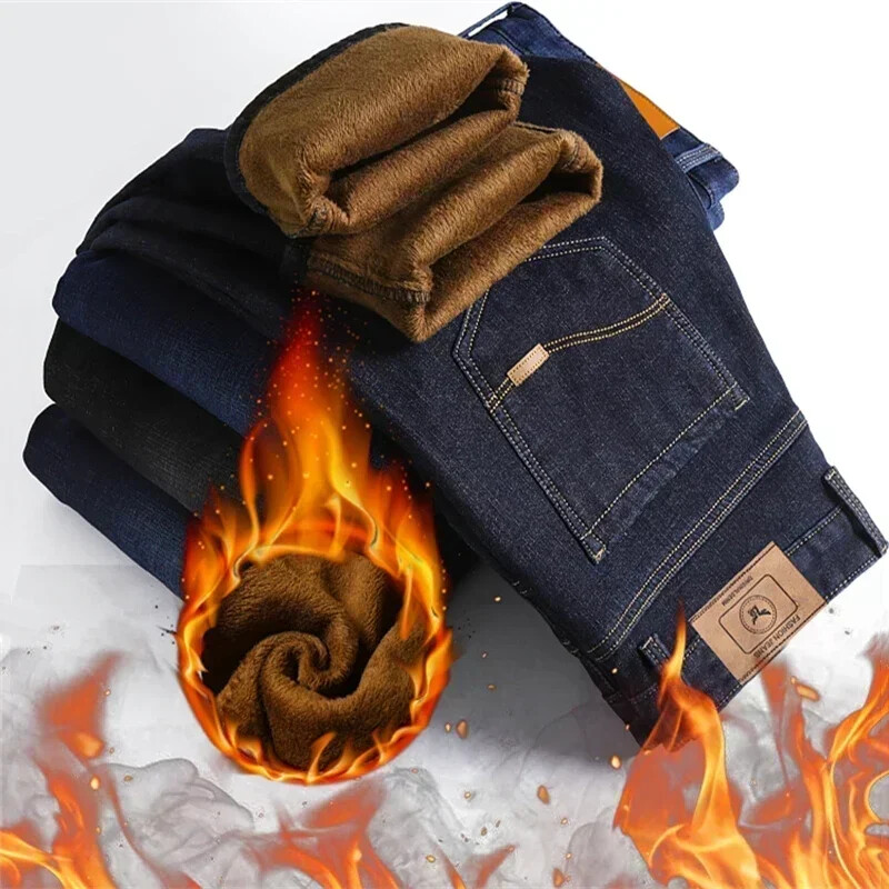 Υψηλής ποιότητας Ανδρικά Fleece Jeans Business Casual Straight Stretch Τζιν Παντελόνι Φθινόπωρο Χειμώνας Νέο Plus μέγεθος Χοντρό ζεστό παντελόνι