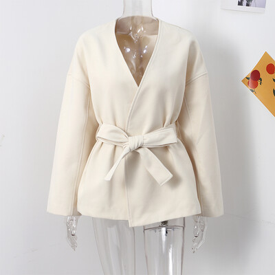 Κομψό Fleece παλτό με ζώνη Γυναικεία Φαρδιά μακρυμάνικη λαιμόκοψη με δαντέλα επάνω συνονθύλευμα μπουφάν 2024 Φθινόπωρο, Χειμώνας, μονόχρωμα παλτό High Street